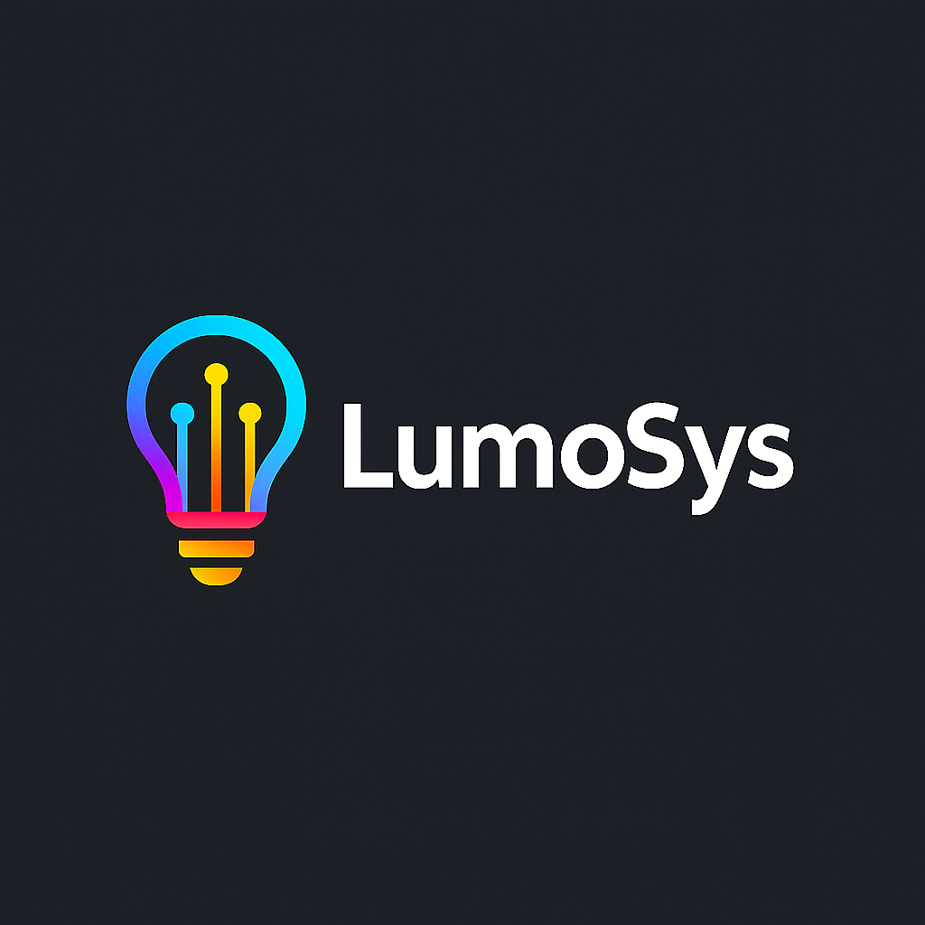 LumoSys Logo wuth a dark background and a lightbulb logo.